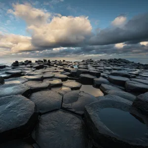 Giants Causeway basalt columns with Atlantic Ocean in the distance