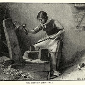 Girl making spike nails in a victorian factory, 19th Century
