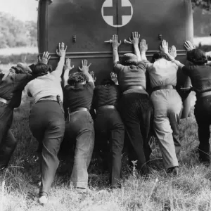 Girl Power Print: Women in Mechanised Transport Corps Push Ambulance Girl Power Print: Women in Mechanised Transport Corps Push Ambulance