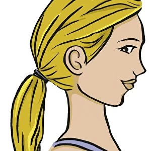 Girl in strap top with long blonde hair tied at back, side view