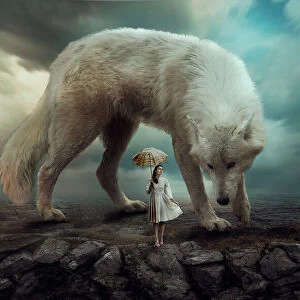 Girl with an umbrella stands on a rock with a huge wolf against a dramatic sky