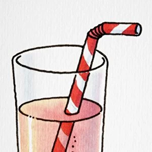 Glass tumbler of red juice with striped drinking straw