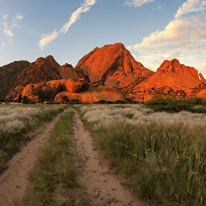 The Glowing Red Granite Rock Formations of Spitzkoppe at Sunset in the Erongo Region, Namibia