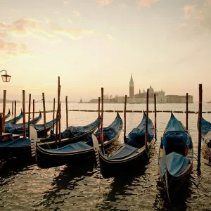 Gondolas docked in harbor Gondolas docked in harbor