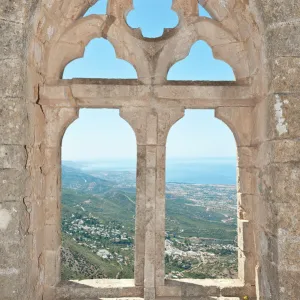 Gothic tracery, decorated window, St. Hilarion Castle, crusader castle, overlooking sea and coast, Turkish Republic of Northern Cyprus, Cyprus, Europe