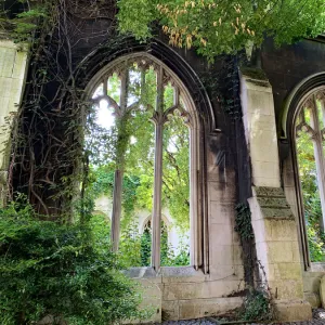 Two Gothic windows destroyed by the Blitz in London