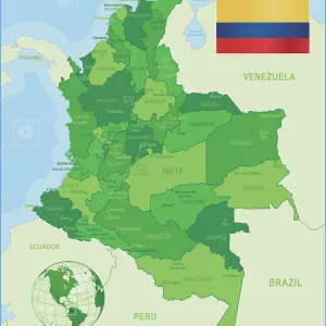 Green Map of Colombia - states, cities and flag