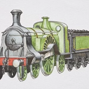 Green Stirling Single locomotive with a coal bunker, front view