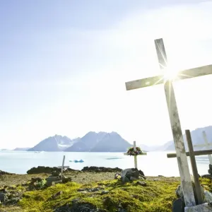 Greenland Print: Tasiilaq Cemetery with White Wooden Crosses