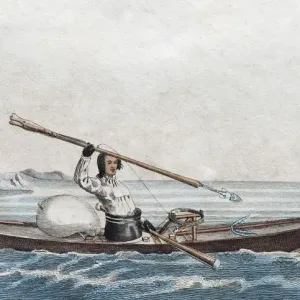 Greenlandic Kayak Hand-Colored Copper Engraving Print Greenlandic Kayak Hand-Colored Copper Engraving Print