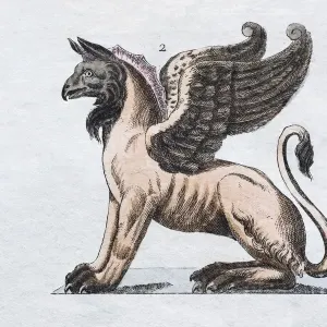 Hand-colored engraving print of a Griffin