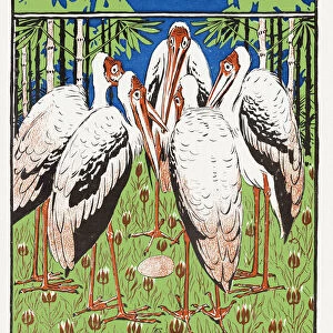 Group of marabou stork in forest around egg decorative art nouveau 1897