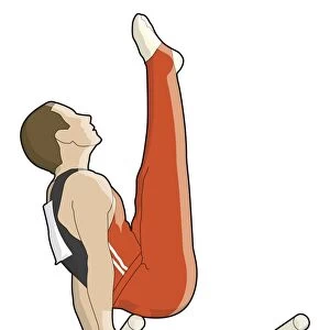 Gymnast holding onto bar with hands behind back, legs straight up in front