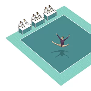 Gymnast performing on square rubber floor mat, panel of judges on one side