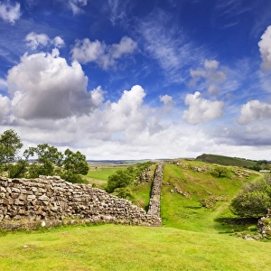 Hadrians Wall under a dramatic sky at Walltown Crags, Northumberland, England, United Kingdom