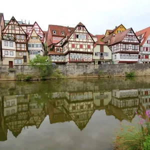 Half-timbered houses reflected, SchwAÔé¼bisch Hall, Germany Half-timbered houses reflected, SchwAÔé¼bisch Hall, Germany