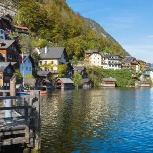 Hallstatt village in Alps at dusk, Austria Hallstatt village in Alps at dusk, Austria