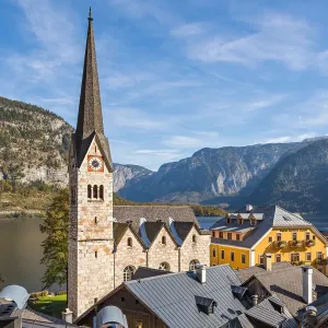 Hallstatt village in Alps at dusk, Austria Hallstatt village in Alps at dusk, Austria