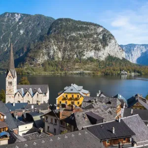 Hallstatt village in Alps at dusk, Austria Hallstatt village in Alps at dusk, Austria