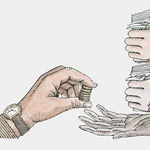 Hand holding coins above another persons open palm, other hands clasping banknotes