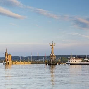 Harbour entrance of Konstanz with the statue of Imperia and the historic ferry Konstanz, Konstanz, Baden-Wurttemberg, Germany