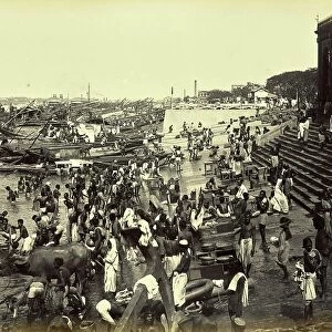 Harbour with many people at the Hoogly near Calcutta, river in the Indian state of West Bengal, 1887, India, Historic, digitally restored reproduction from an original of the time
