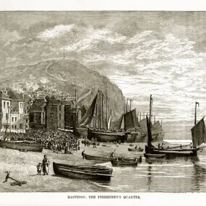 Hastings, Angleterre Le Quartier des Pêcheurs Estampe victorienne. Hastings, Angleterre Le Quartier des Pêcheurs Estampe victorienne.