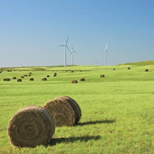 Hay bales in a green field with wind turbines against a blue sky
