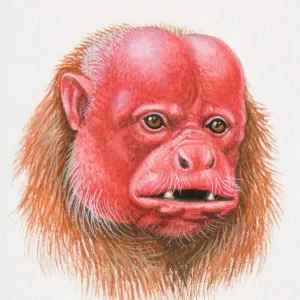 Head of a Bald Uakari, Cacajao calvus, red-faced monkey