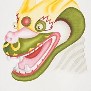 Head of colourful papier-mache dragon, side view