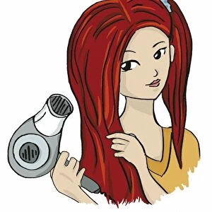 Head of girl blow drying her long red hair, clipped back on one side