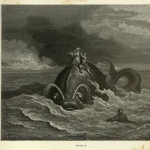 Heroes riding of back of Sea monster, or whale