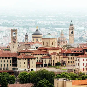 High angle view of Bergamo Citta Alta skyline with medieval towers, Lombardy, Italy