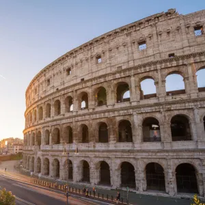 High angle view over the Colosseum at sunrise. Rome, Lazio, Italy