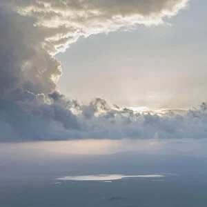 High angle view of Lake Magadi at sunset from the crater rim, Ngorongoro Crater, Ngorongoro Crater Conservation Area, Arusha Region, Tanzania