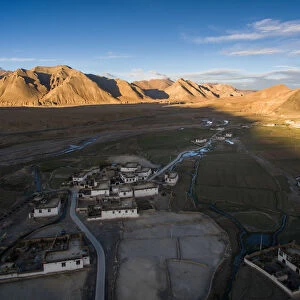 The high angle view of Tibetan village and mountain range
