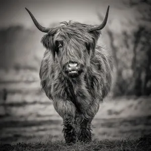 Black and White Highland Cow Print on Grass Black and White Highland Cow Print on Grass
