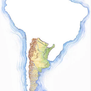 Highly detailed hand-drawn map of Argentina within the outline of South America with a compass rose and the equator