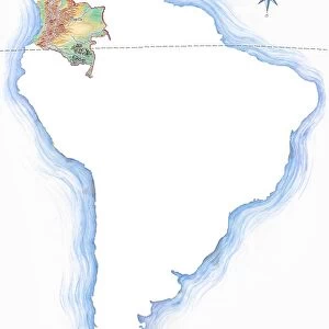 Highly detailed hand-drawn map of Colombia within the outline of South America with a compass rose and the equator