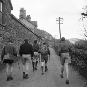 Print of Boys Hiking Along a Village Lane Print of Boys Hiking Along a Village Lane