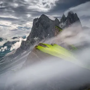 Hiking to the peaks of Seceda, Dolomites Mountains at Val Gardena
