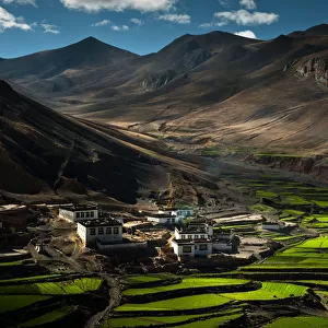 Hillside Tibet local village with light casting