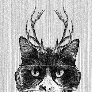 Hipster Cat Illustration With Antlers And Glasses