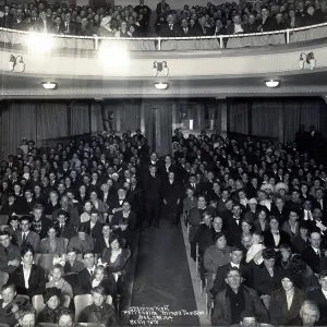 Historic photograph of audience posing for opening night of new movie theater, the Minor Theatre, in Arcata, California, December 3, 1914