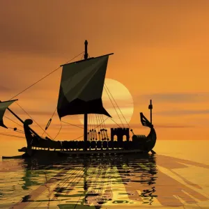 Historic sailboat, sunset, 3D graphics Historic sailboat, sunset, 3D graphics