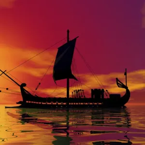 Historic sailboat, sunset, 3D graphics Historic sailboat, sunset, 3D graphics