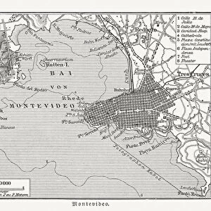 Historical city map of Montevideo, Uruguay, wood engraving, published 1897