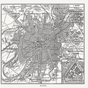 Historical city map of Moscow, Russia, wood engraving, published 1897