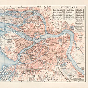 Historical city map of Saint Petersburg, Russia, lithograph, published 1897