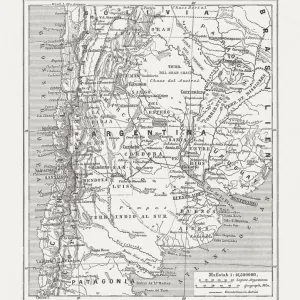 Historical map of Argentina, wood engraving, published in 1893 Historical map of Argentina, wood engraving, published in 1893